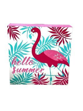 Hello Summer Flamingo Wooden Block Wall Art 6x6 Inches Tropical Decor Pink Green